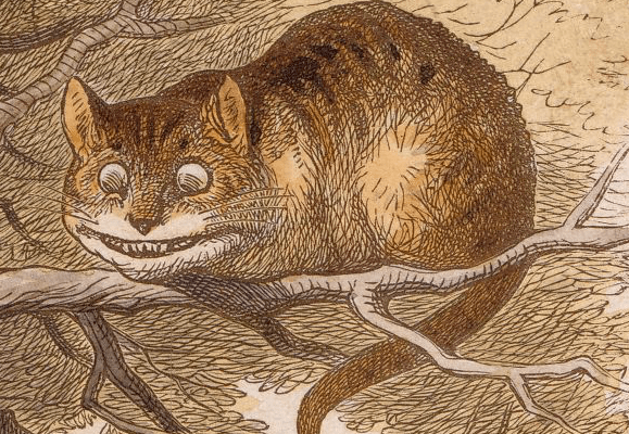 A drawing of the Cheshire Cat in a tree from Alice in Wonderland