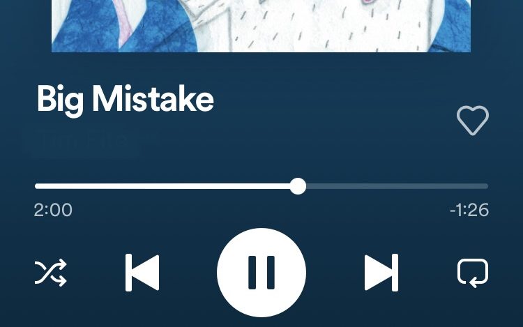 Navy blue background, with Spotify player buttons. Text says 'Big Mistake' with drawn artwork for the Break-Up Letter.