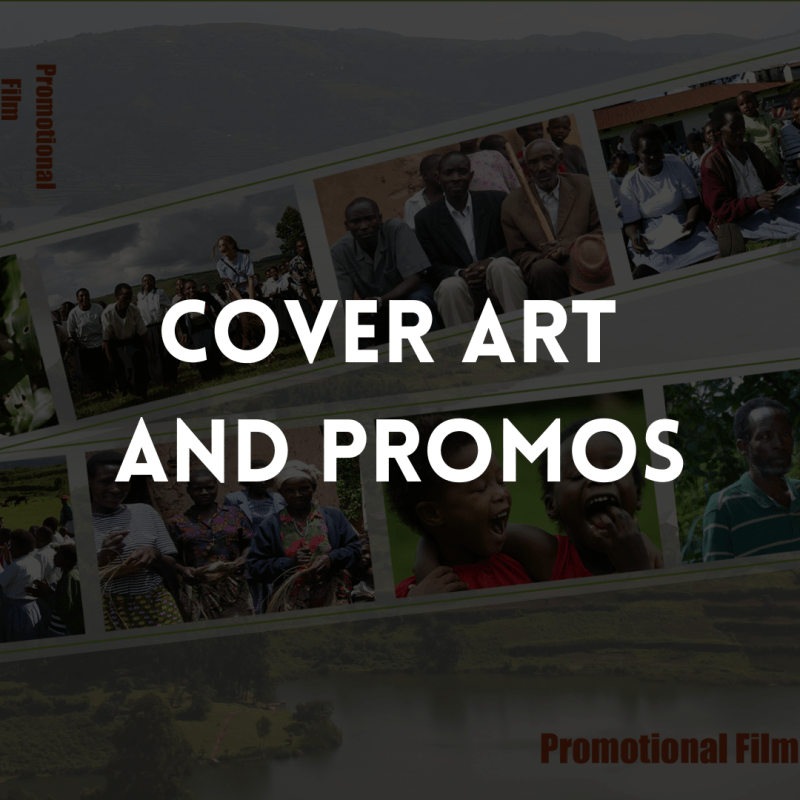 Black square with white text which reads 'Cover Art and Promos'