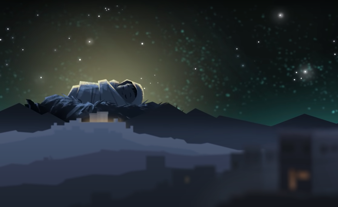 Animated image of Jesus asleep in a manger with Jerusalem in Israel in the background