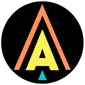 A colourful logo like an Arrow on a black background with the letter A in the middle