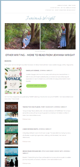 Page 3 from Jemimah Wright's website designed by Alex Noel showing other books and journalism.