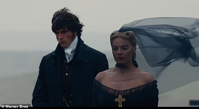 Jacob Elordi and Margot Robbie in Wuthering Heights wearing black in Yorkshire.