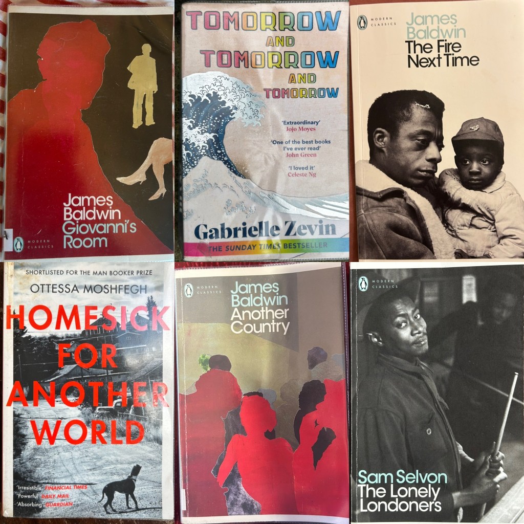A collage of colourful book covers including three by James Baldwin for an article by Alex Noel, writer and digital marketer.