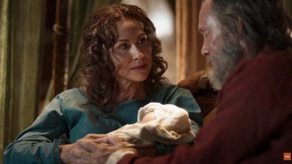Minnie Driver as Sarah in The Faithful: Women of the Bible, with Jeffrey Donovan as Abraham.