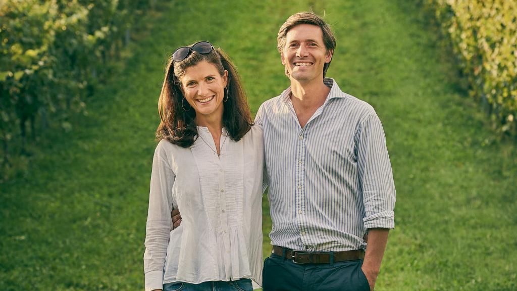 Kirsty and Richard Goring at Wiston Estate's vineyard where they make award-winning English Sparkling wine.